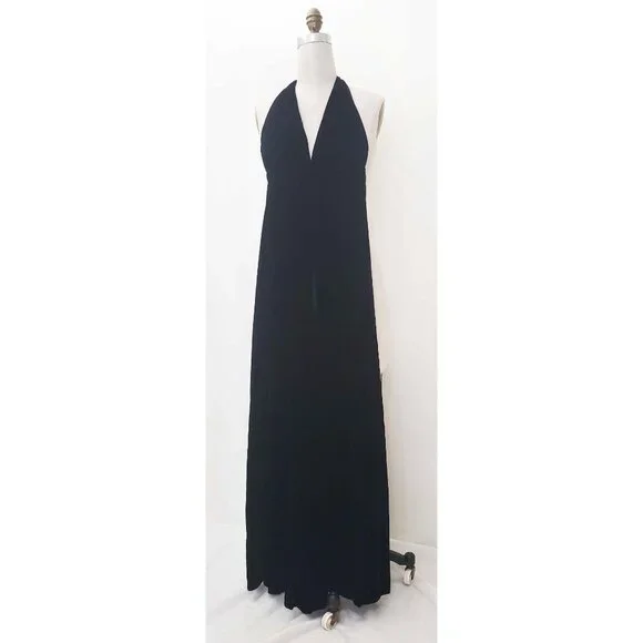 Mindy Malone Womens Rare Vintage 1970s Black Velvet Halter Wide Leg Jumpsuit